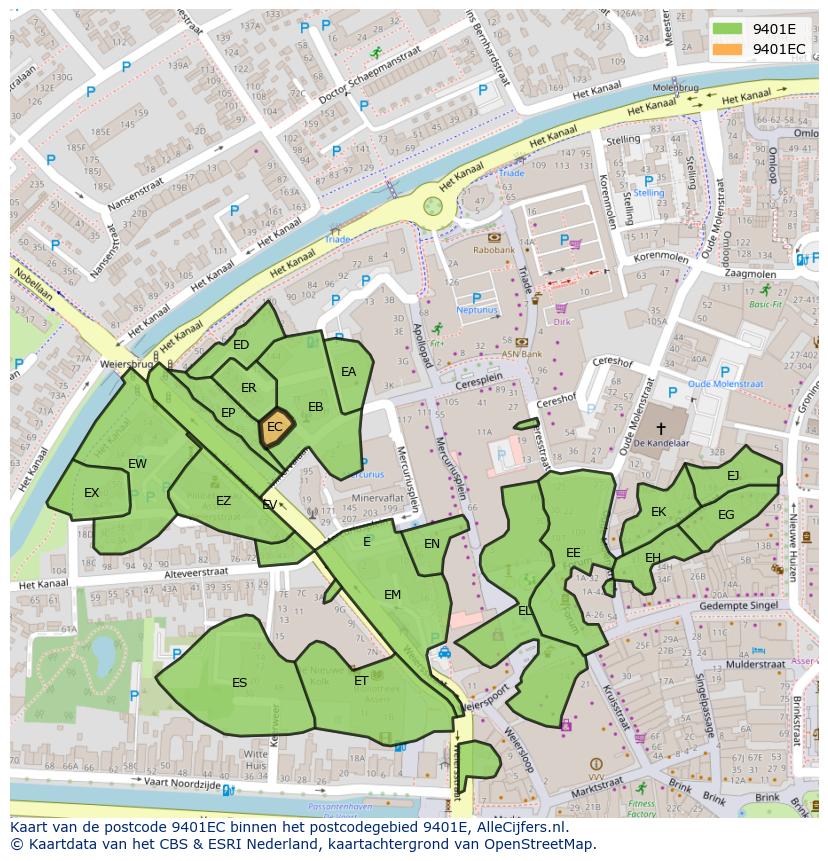 Afbeelding van het postcodegebied 9401 EC op de kaart.
