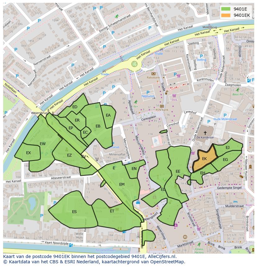 Afbeelding van het postcodegebied 9401 EK op de kaart.