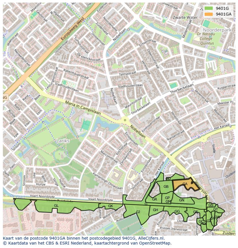 Afbeelding van het postcodegebied 9401 GA op de kaart.