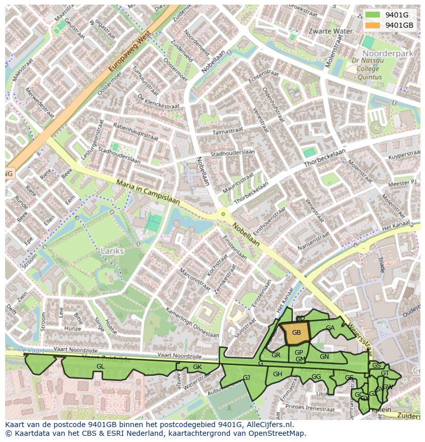 Afbeelding van het postcodegebied 9401 GB op de kaart.