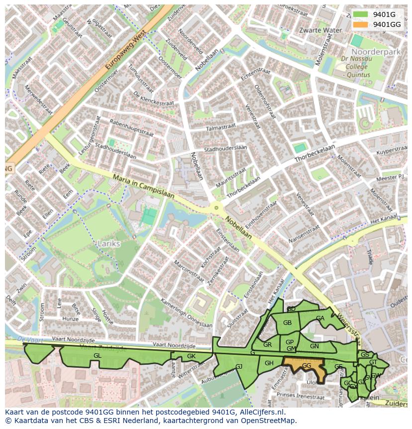 Afbeelding van het postcodegebied 9401 GG op de kaart.