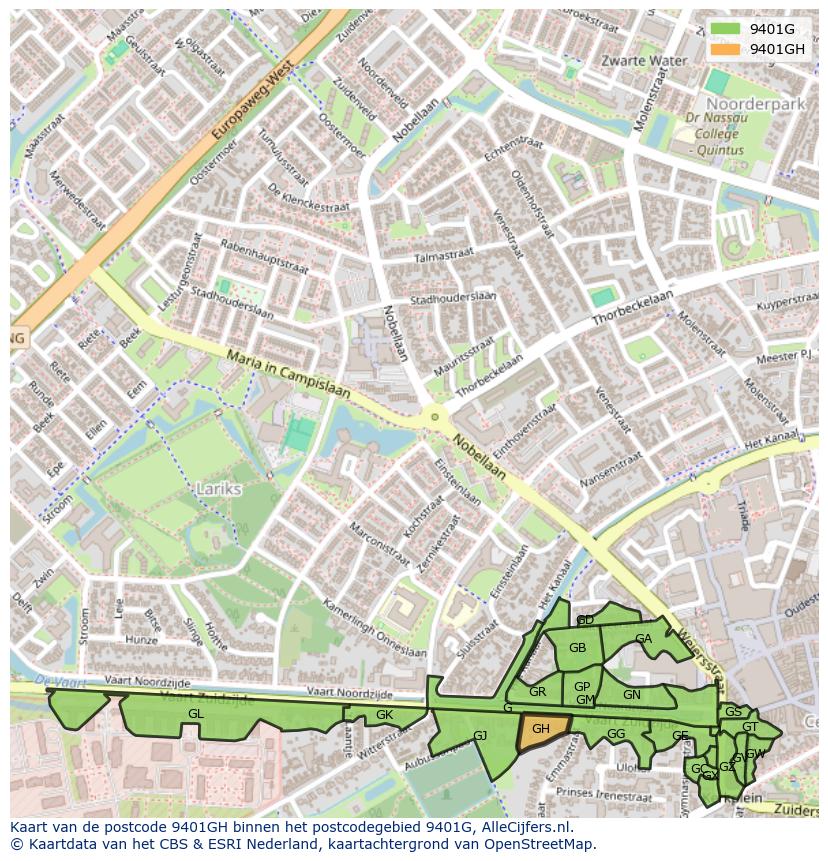 Afbeelding van het postcodegebied 9401 GH op de kaart.