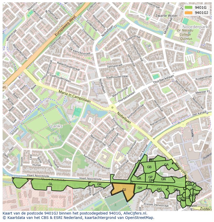 Afbeelding van het postcodegebied 9401 GJ op de kaart.