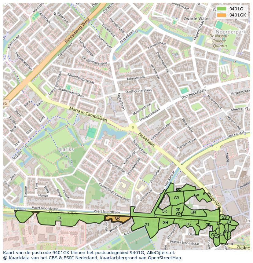Afbeelding van het postcodegebied 9401 GK op de kaart.