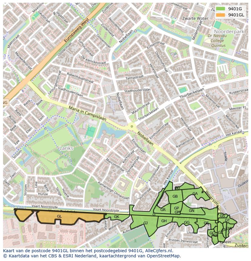 Afbeelding van het postcodegebied 9401 GL op de kaart.
