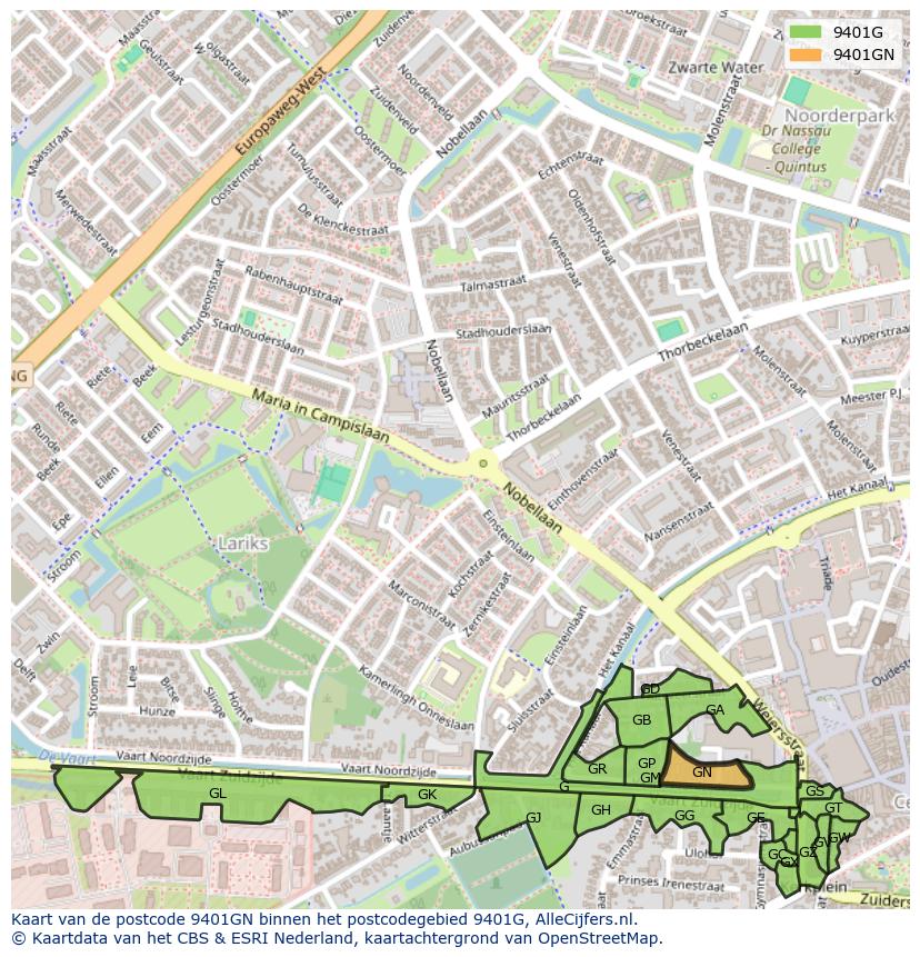 Afbeelding van het postcodegebied 9401 GN op de kaart.