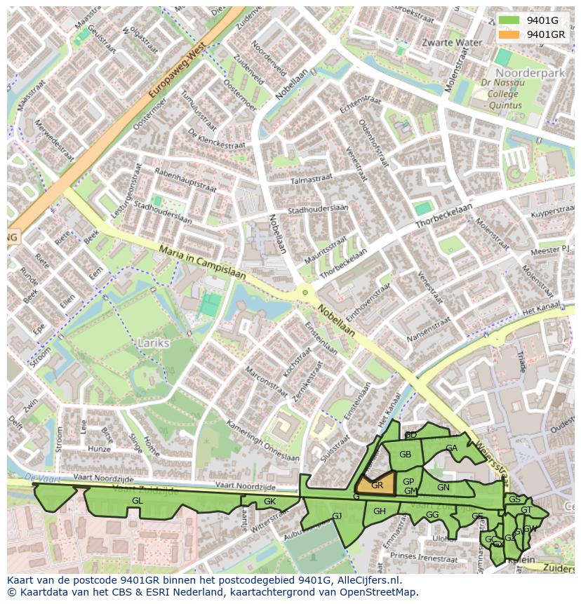 Afbeelding van het postcodegebied 9401 GR op de kaart.