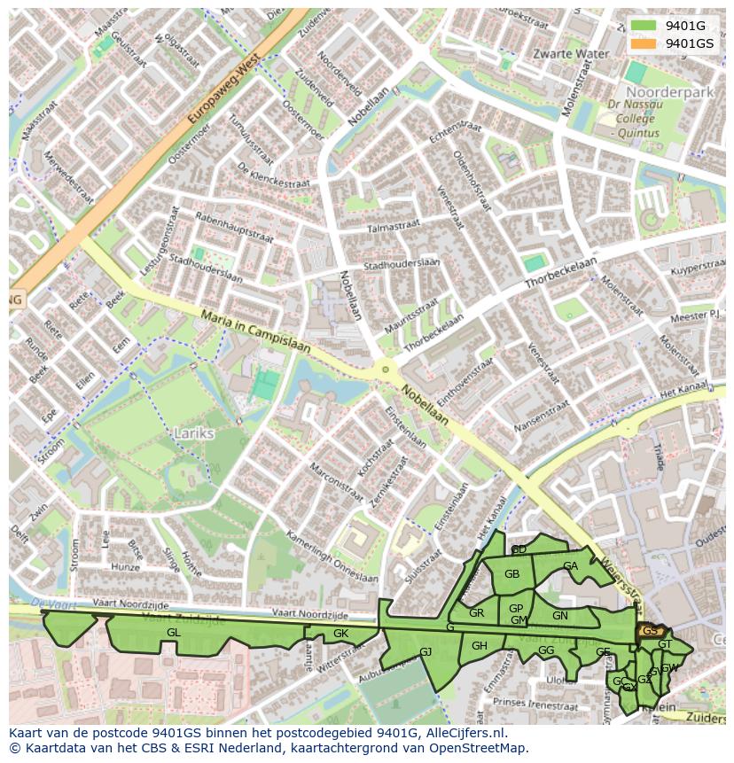 Afbeelding van het postcodegebied 9401 GS op de kaart.