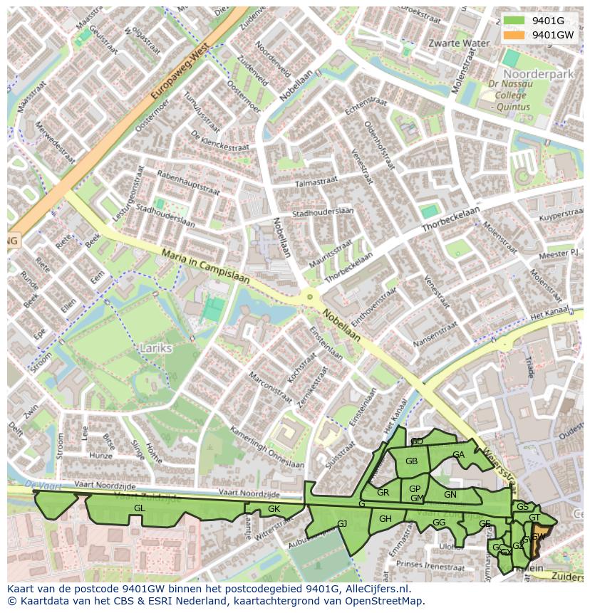 Afbeelding van het postcodegebied 9401 GW op de kaart.