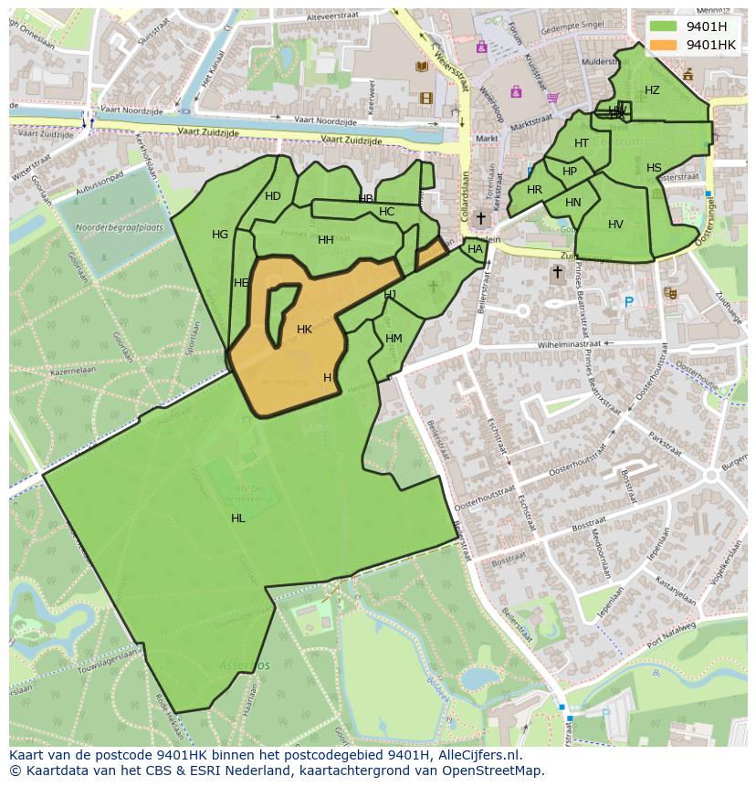 Afbeelding van het postcodegebied 9401 HK op de kaart.