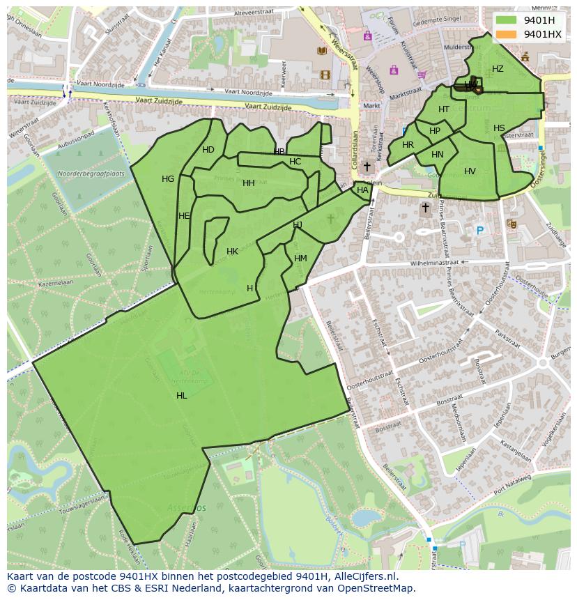 Afbeelding van het postcodegebied 9401 HX op de kaart.