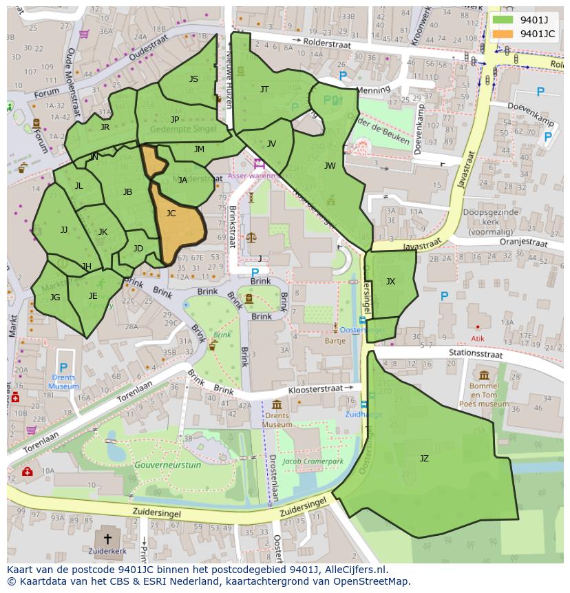 Afbeelding van het postcodegebied 9401 JC op de kaart.