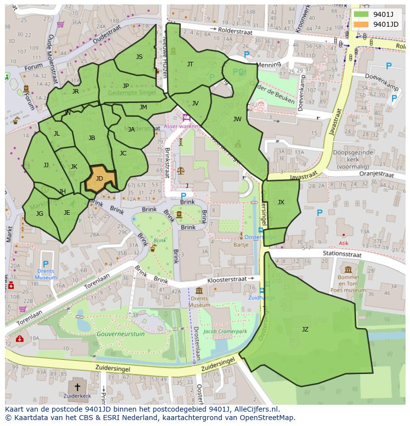Afbeelding van het postcodegebied 9401 JD op de kaart.