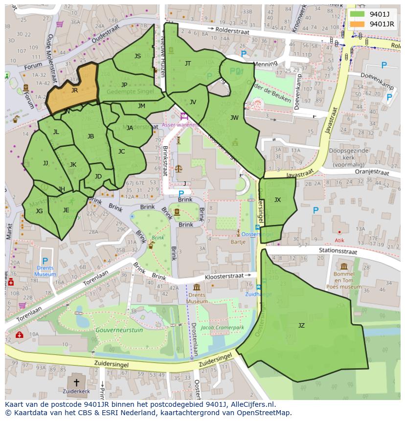 Afbeelding van het postcodegebied 9401 JR op de kaart.