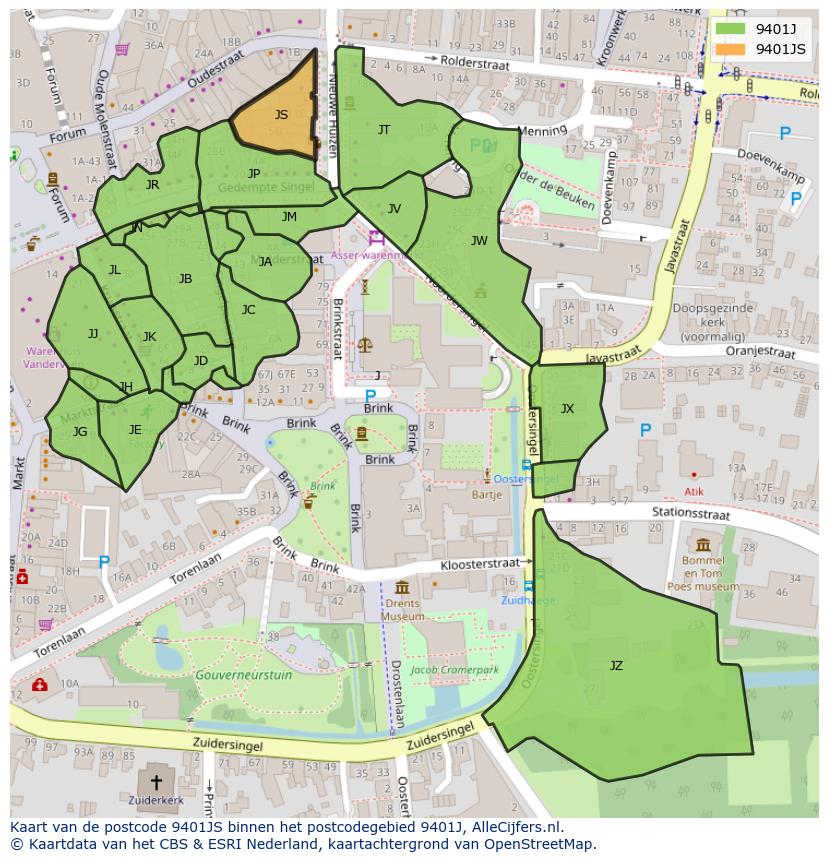 Afbeelding van het postcodegebied 9401 JS op de kaart.