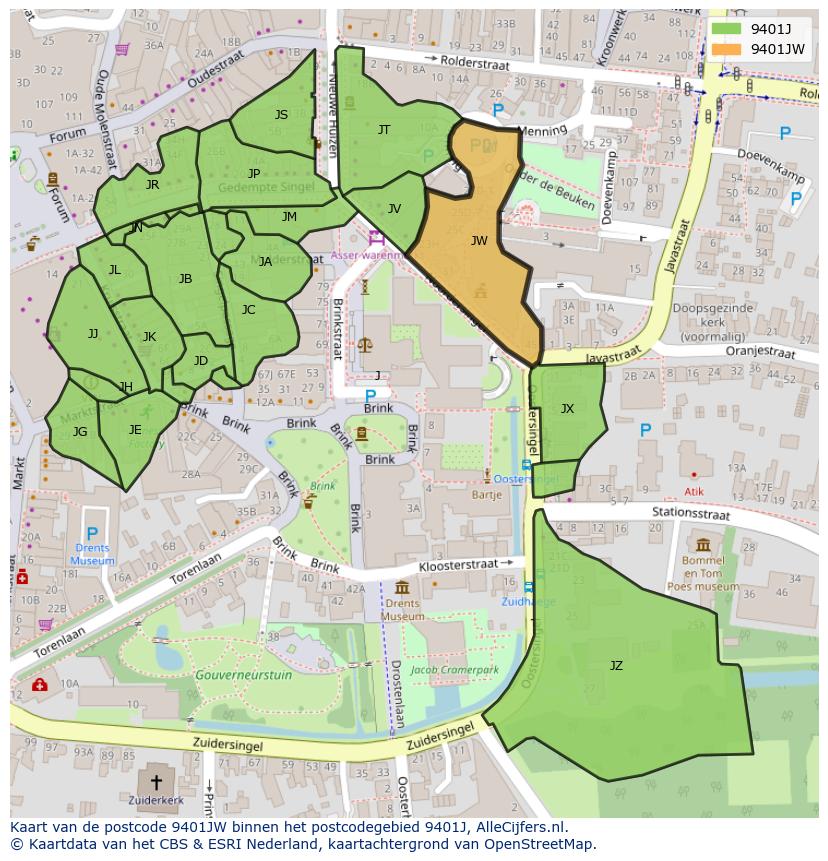 Afbeelding van het postcodegebied 9401 JW op de kaart.