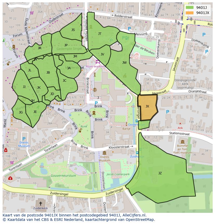Afbeelding van het postcodegebied 9401 JX op de kaart.