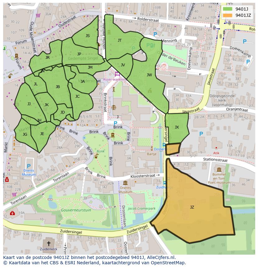 Afbeelding van het postcodegebied 9401 JZ op de kaart.