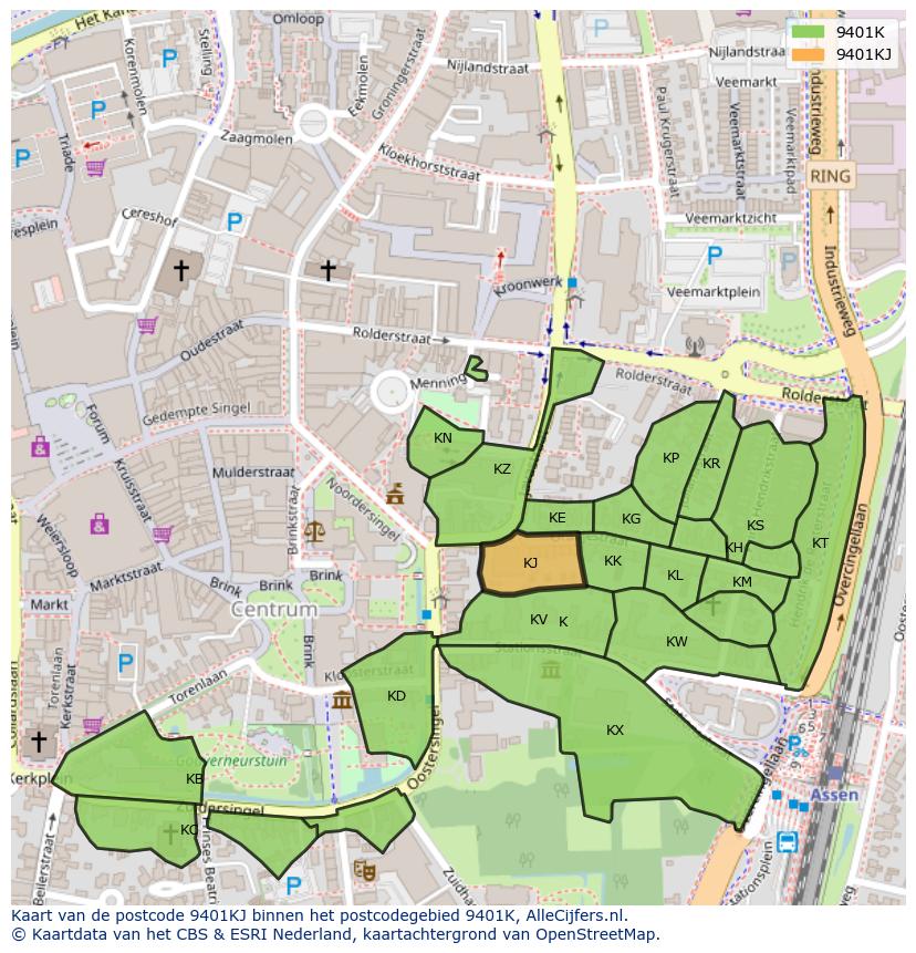 Afbeelding van het postcodegebied 9401 KJ op de kaart.