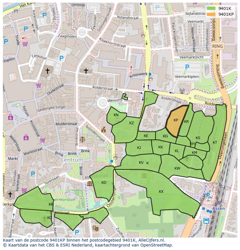 Afbeelding van het postcodegebied 9401 KP op de kaart.