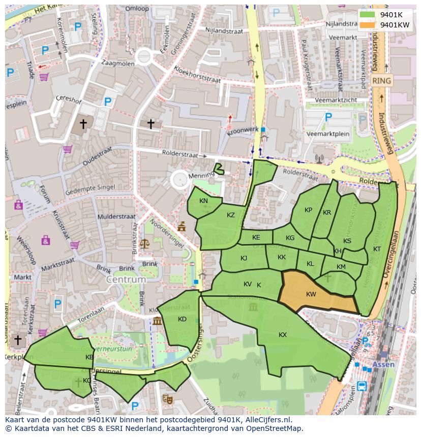 Afbeelding van het postcodegebied 9401 KW op de kaart.