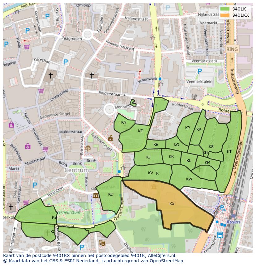 Afbeelding van het postcodegebied 9401 KX op de kaart.