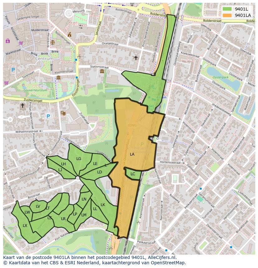 Afbeelding van het postcodegebied 9401 LA op de kaart.