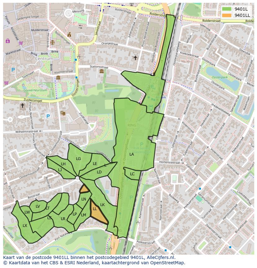 Afbeelding van het postcodegebied 9401 LL op de kaart.