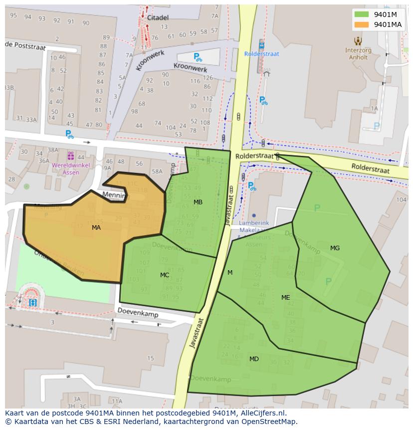 Afbeelding van het postcodegebied 9401 MA op de kaart.