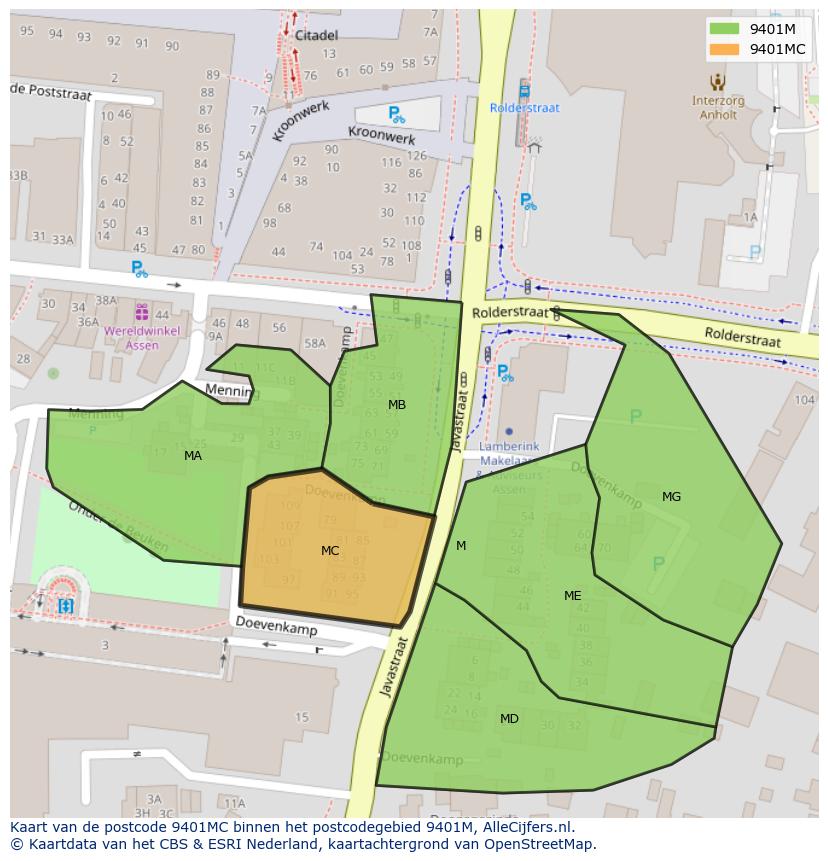 Afbeelding van het postcodegebied 9401 MC op de kaart.