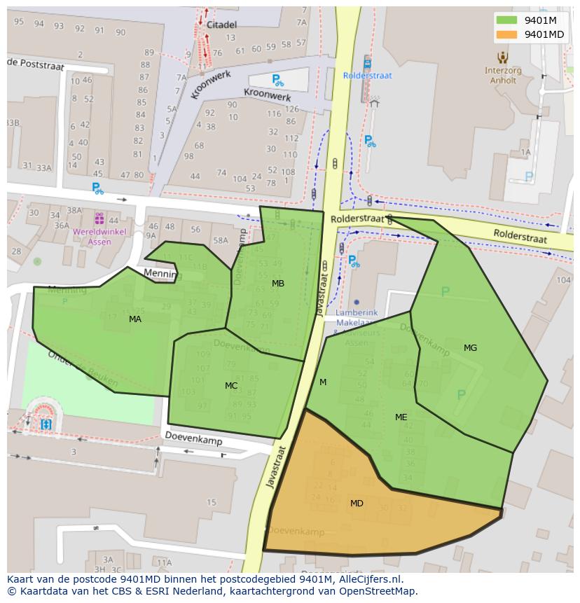 Afbeelding van het postcodegebied 9401 MD op de kaart.