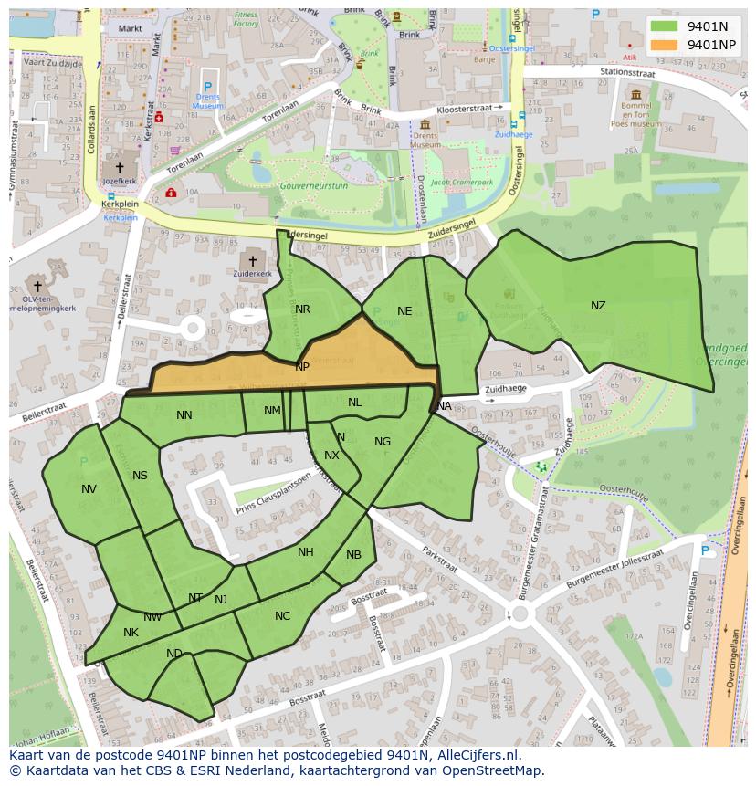 Afbeelding van het postcodegebied 9401 NP op de kaart.