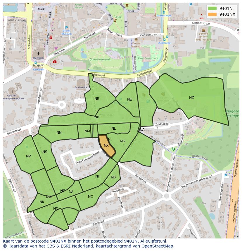 Afbeelding van het postcodegebied 9401 NX op de kaart.