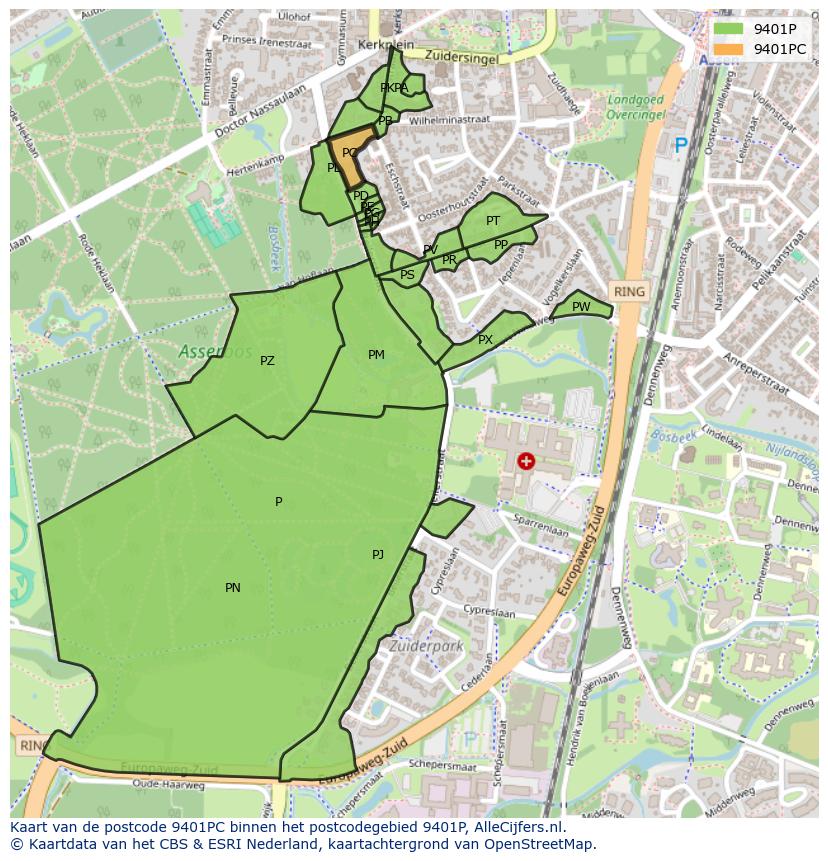 Afbeelding van het postcodegebied 9401 PC op de kaart.