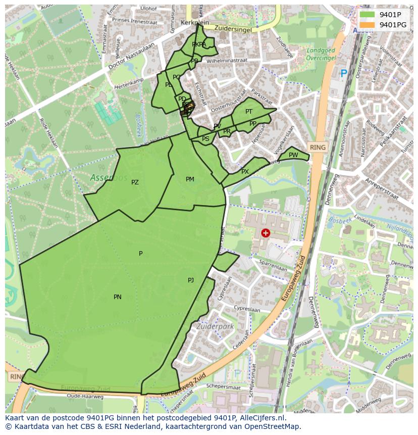 Afbeelding van het postcodegebied 9401 PG op de kaart.