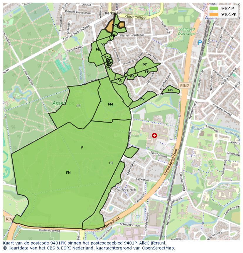 Afbeelding van het postcodegebied 9401 PK op de kaart.