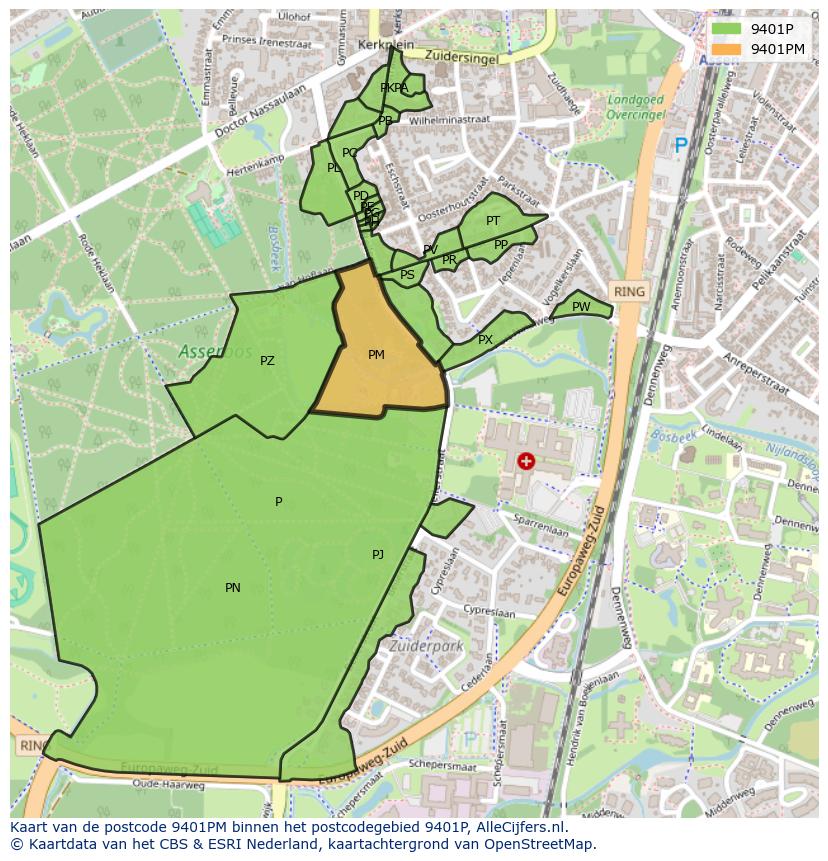 Afbeelding van het postcodegebied 9401 PM op de kaart.