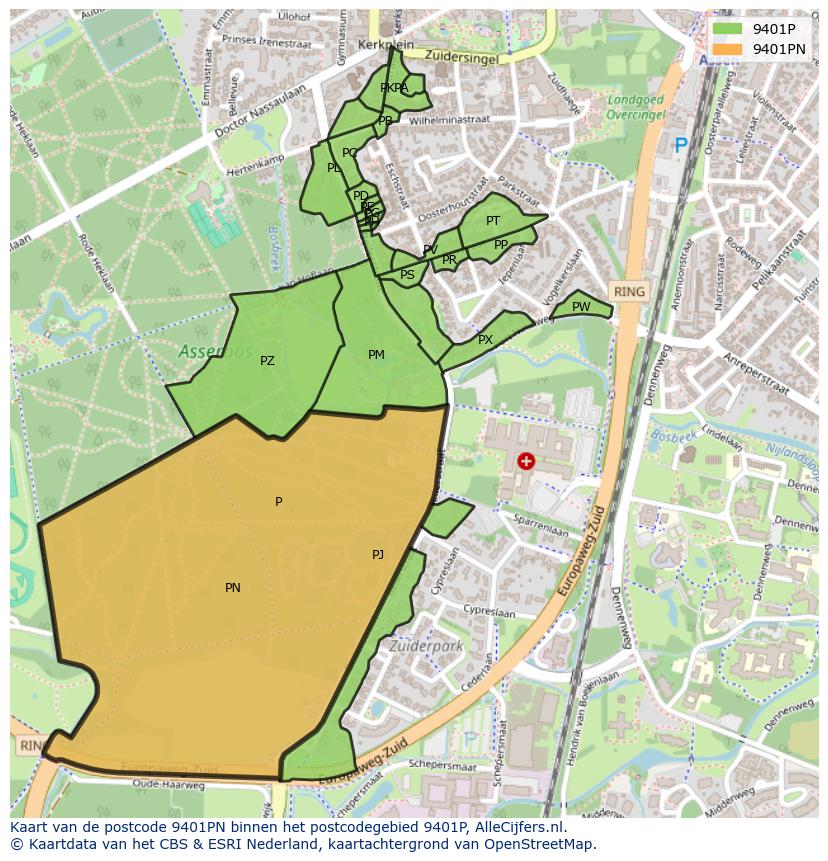 Afbeelding van het postcodegebied 9401 PN op de kaart.