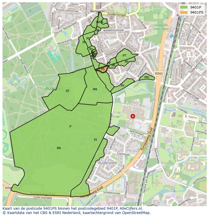 Afbeelding van het postcodegebied 9401 PS op de kaart.