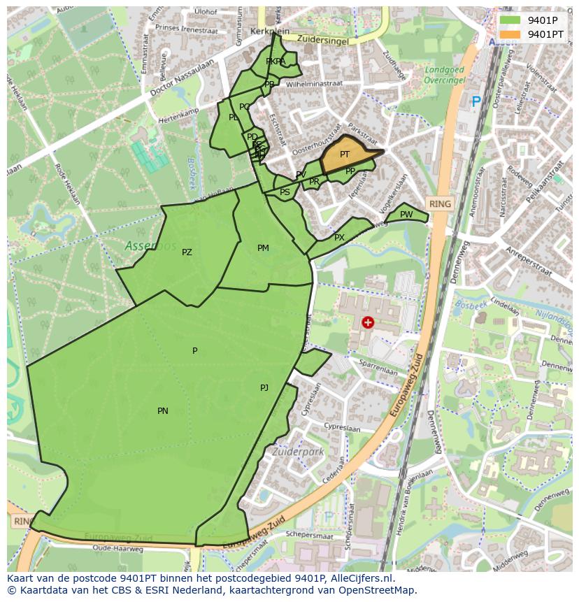 Afbeelding van het postcodegebied 9401 PT op de kaart.