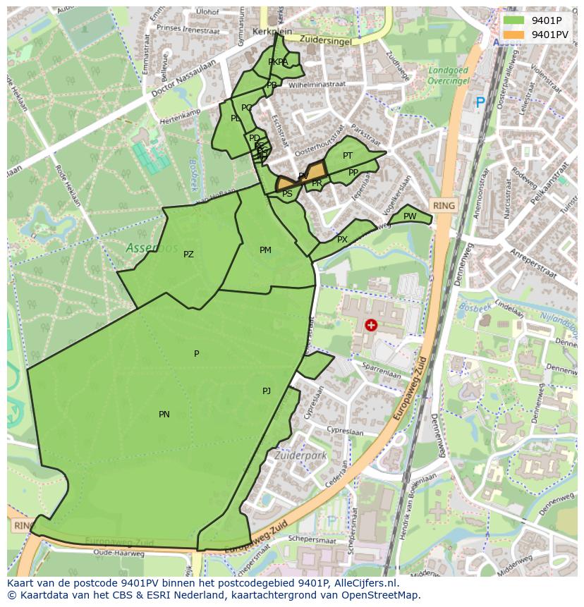 Afbeelding van het postcodegebied 9401 PV op de kaart.