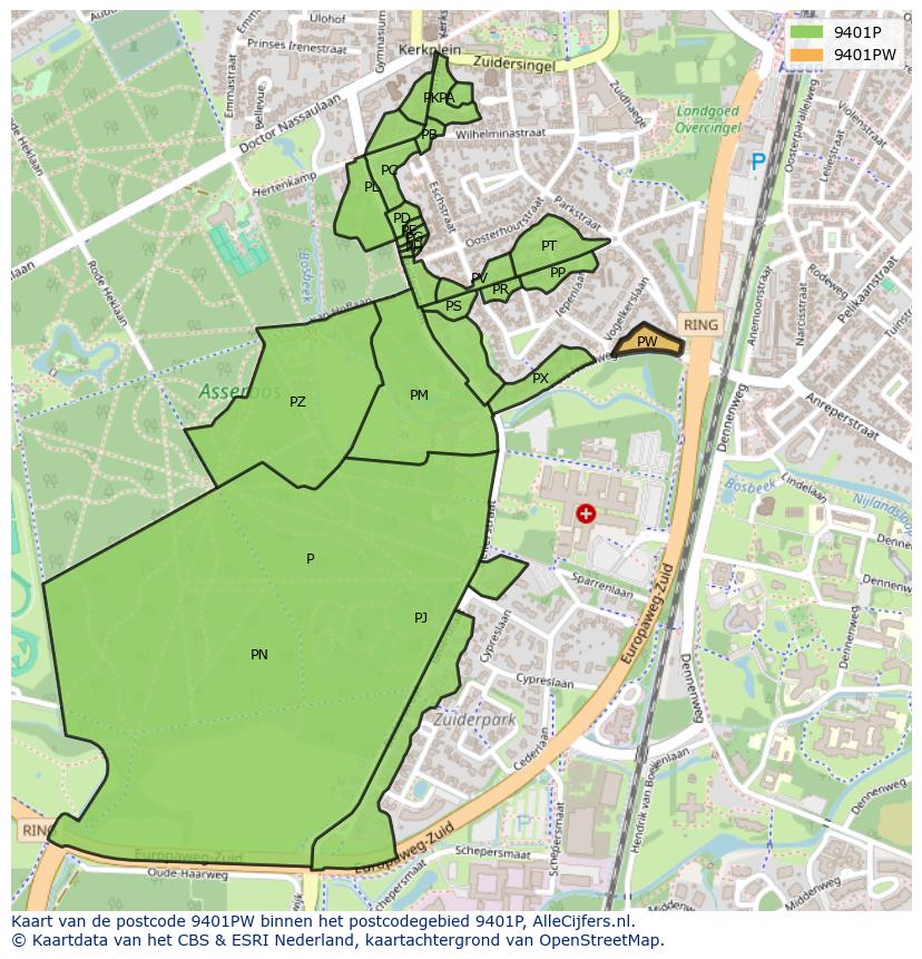 Afbeelding van het postcodegebied 9401 PW op de kaart.