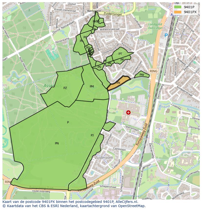 Afbeelding van het postcodegebied 9401 PX op de kaart.