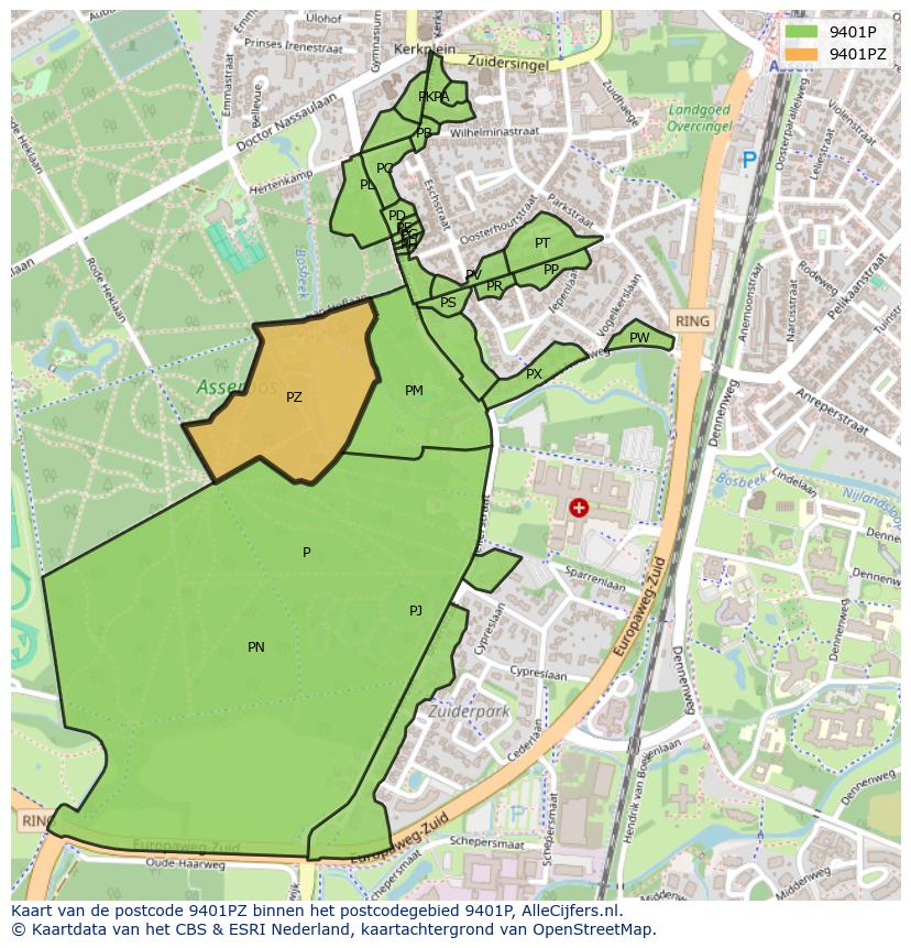 Afbeelding van het postcodegebied 9401 PZ op de kaart.