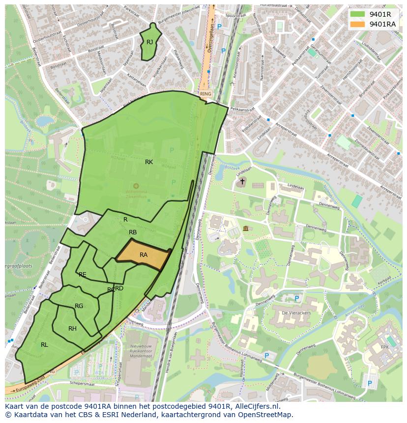 Afbeelding van het postcodegebied 9401 RA op de kaart.