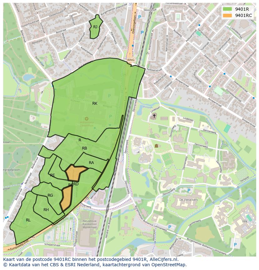 Afbeelding van het postcodegebied 9401 RC op de kaart.