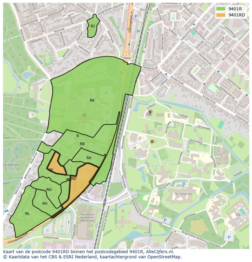 Afbeelding van het postcodegebied 9401 RD op de kaart.