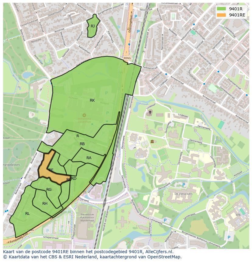 Afbeelding van het postcodegebied 9401 RE op de kaart.
