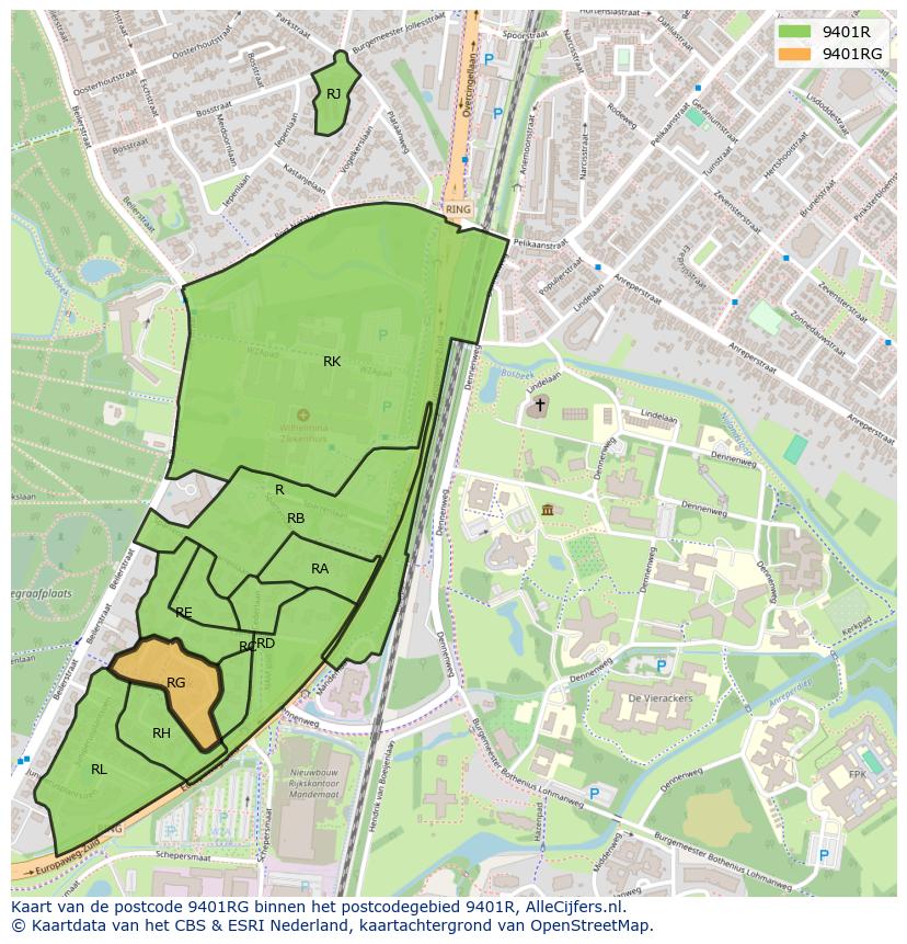 Afbeelding van het postcodegebied 9401 RG op de kaart.