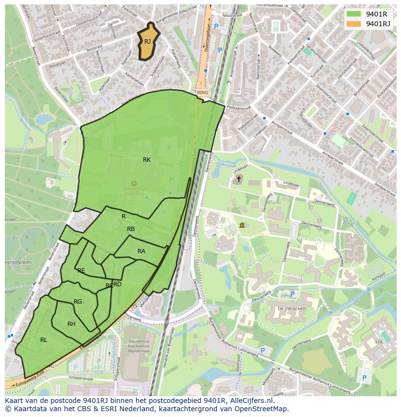 Afbeelding van het postcodegebied 9401 RJ op de kaart.